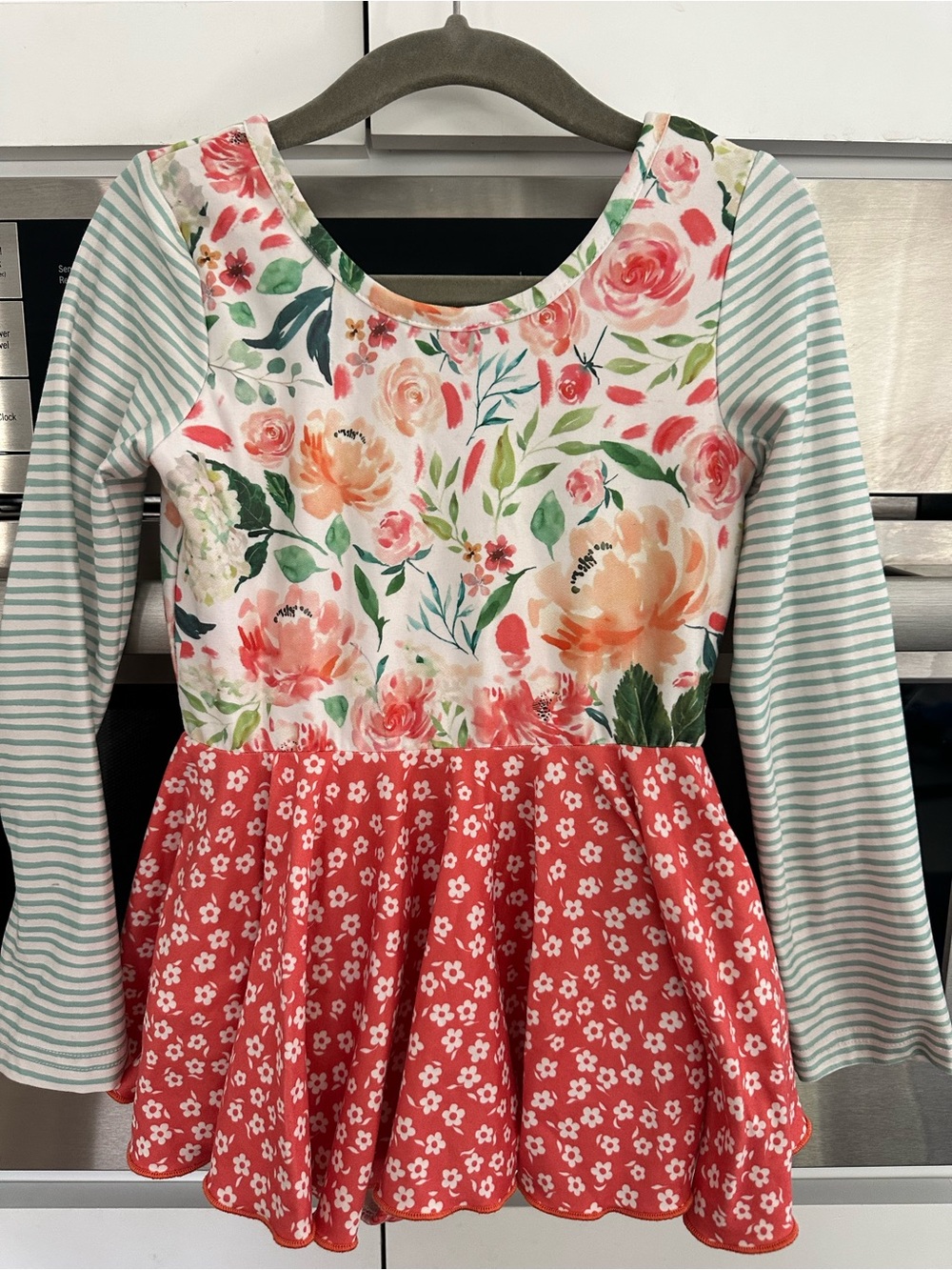 Cheeky Plum Floral & Stripe Long-Sleeve Peplum Leotard- Coral/Green 4T